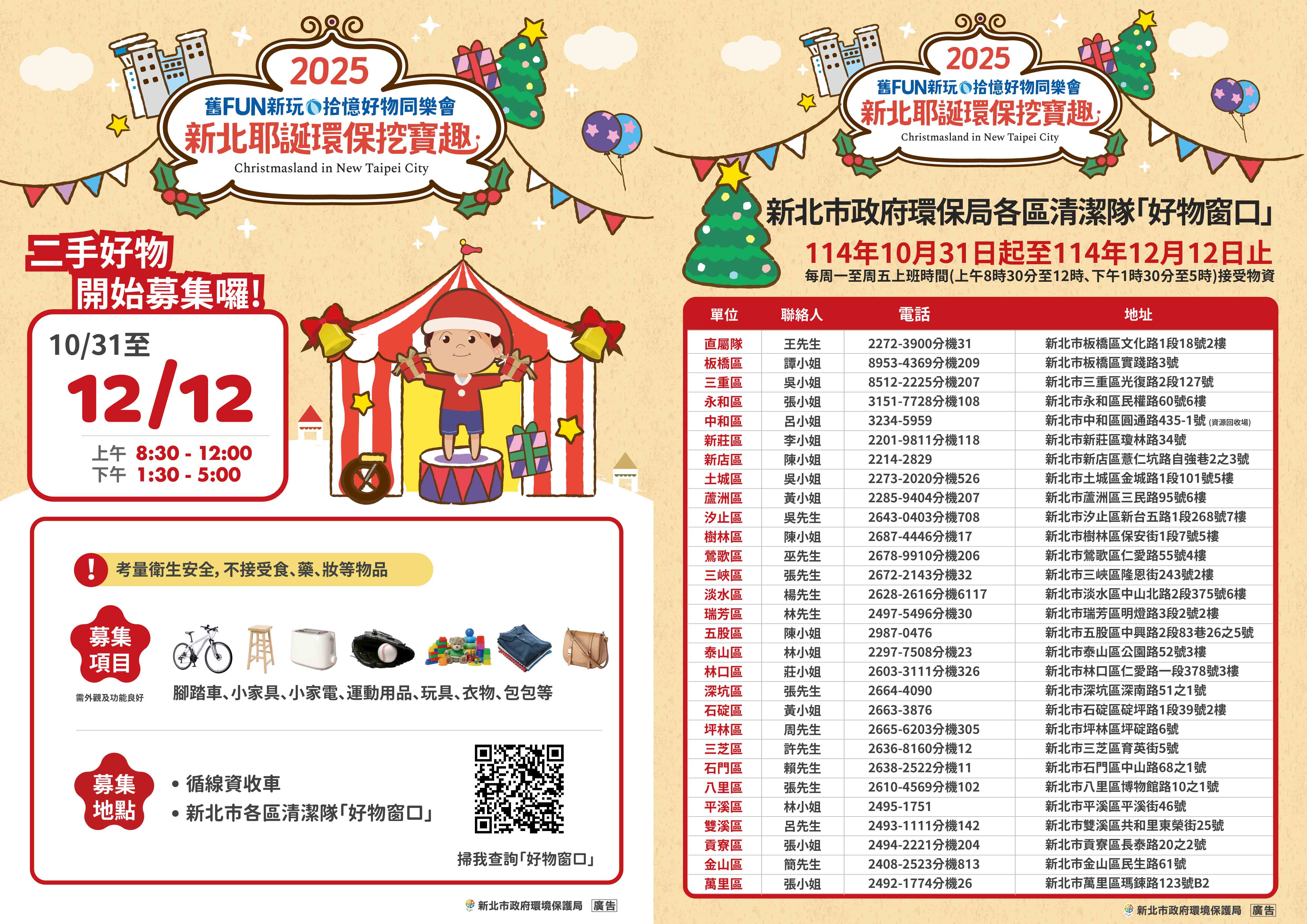 (圖左)新北市環保局自即日起至12月12日止發起「舊FUN新玩·拾憶」二手好物召集令。(圖右)「舊FUN新玩·拾憶」二手好物募集窗口。