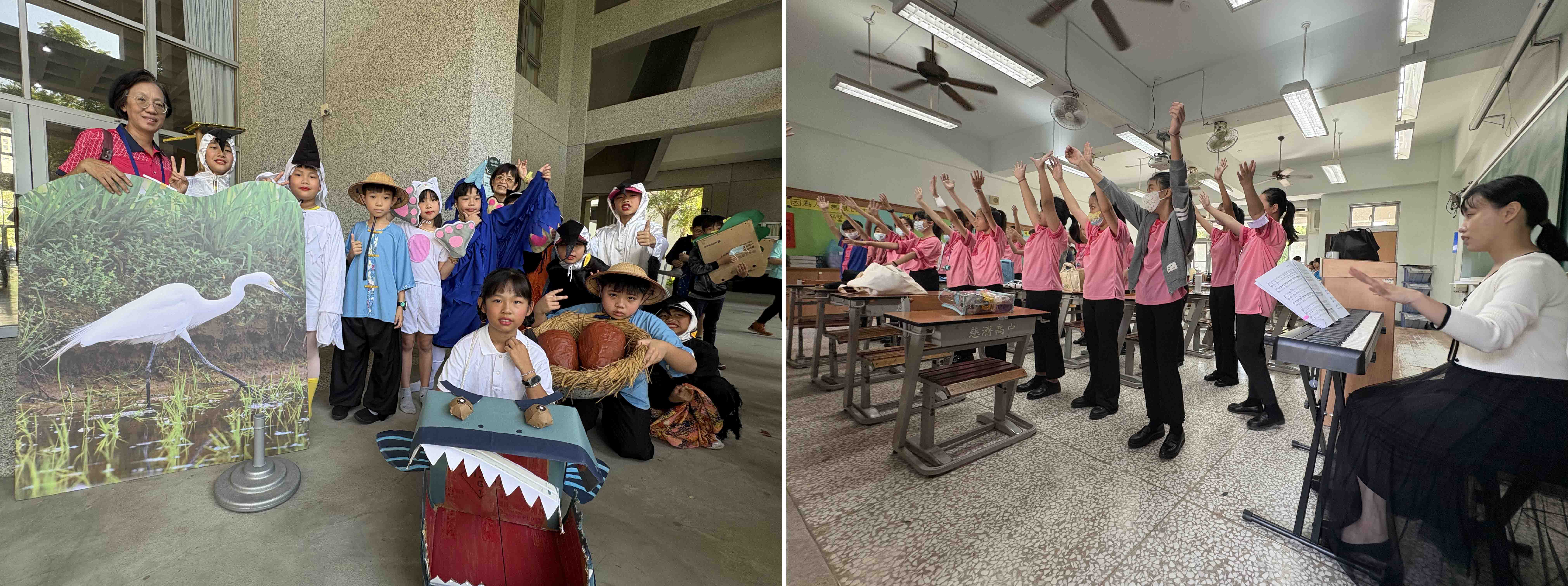 （圖左）高雄美濃東門國小透過戲劇表演，孩子們希望水雉在美濃找到新家(復育)後，能自在的生活。（圖右）臺南市賢北國小以溫潤歌聲為賽前做最後暖身，加油！