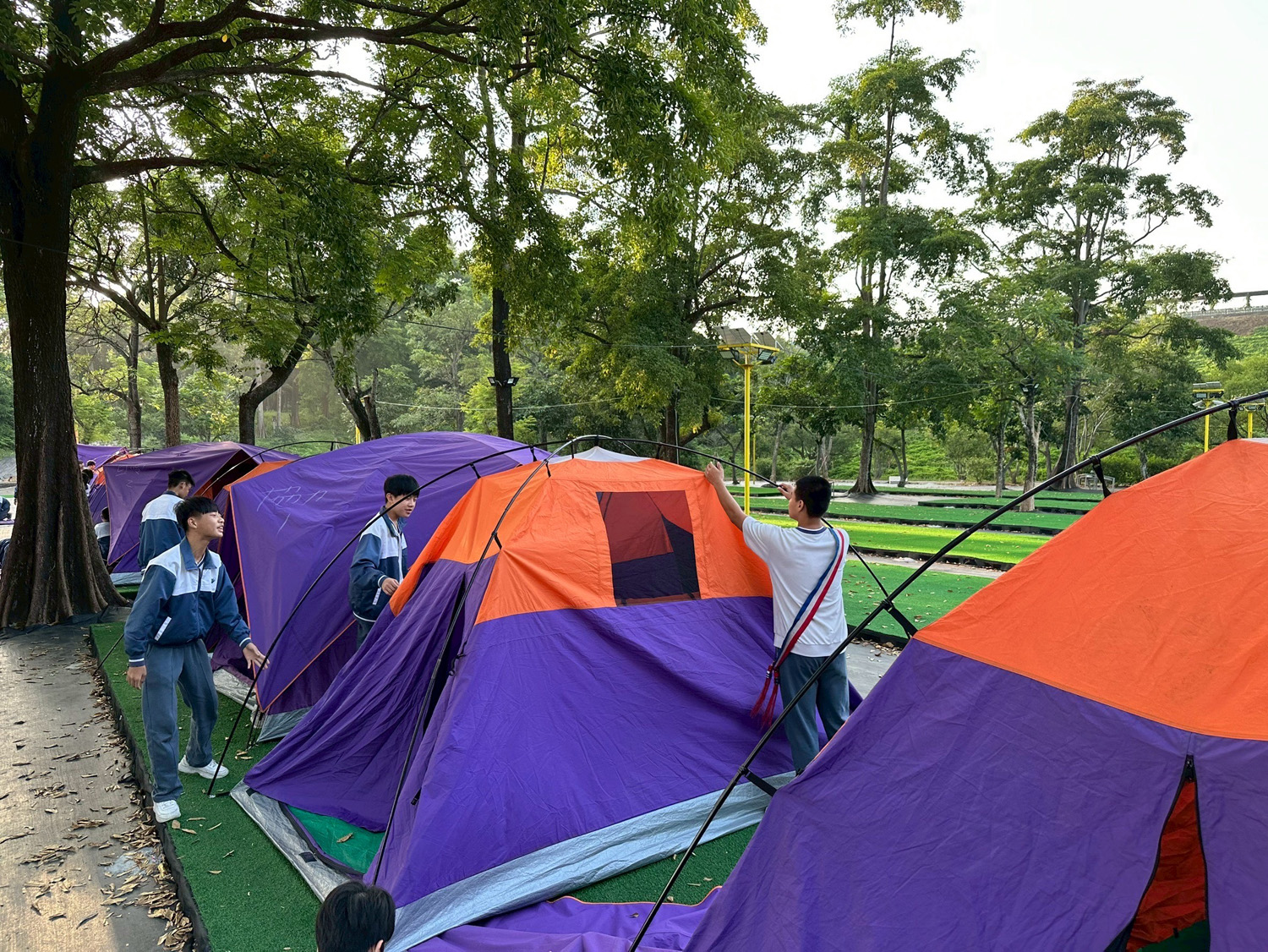 同學們落實童軍課所學,齊心協力搭建自己的帳篷。