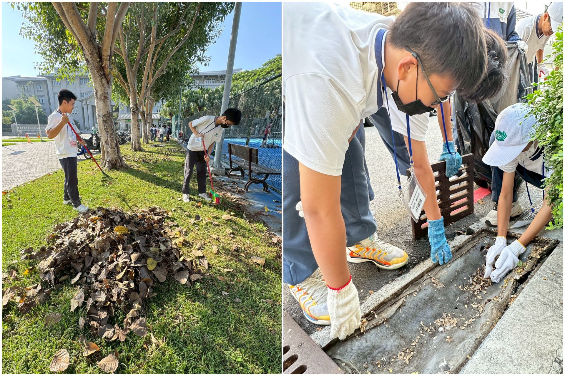 學生認真打掃的身影，是最美的行動見證。學生們搬起水溝蓋清掃，不放過任何小地方。