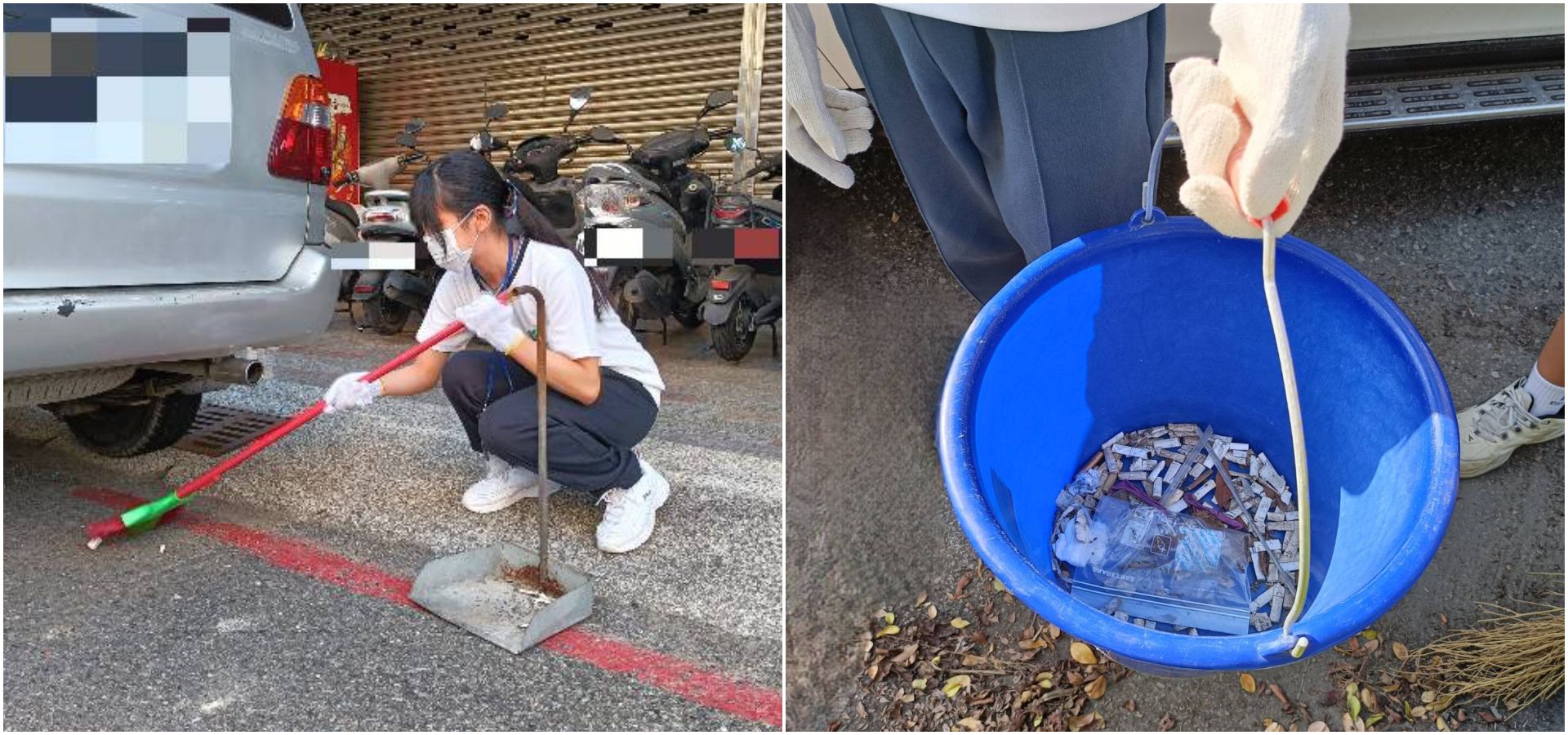 不放過任何細節，把握分秒認真付出。學生們開始發現散落地上各個角落的小小白色菸蒂，撿了一水桶、一畚箕的菸蒂。