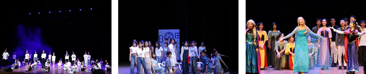 國一學生以〈When I Grow Up〉清亮歌聲展現英語口語與舞台自信，唱出成長的力量與勇氣。/高二雙語班以《Mamma Mia》展現成熟演技與穩健臺風，呈現專業級舞台效果。/國二雙語班以音樂劇《冰雪奇緣》震撼全場。