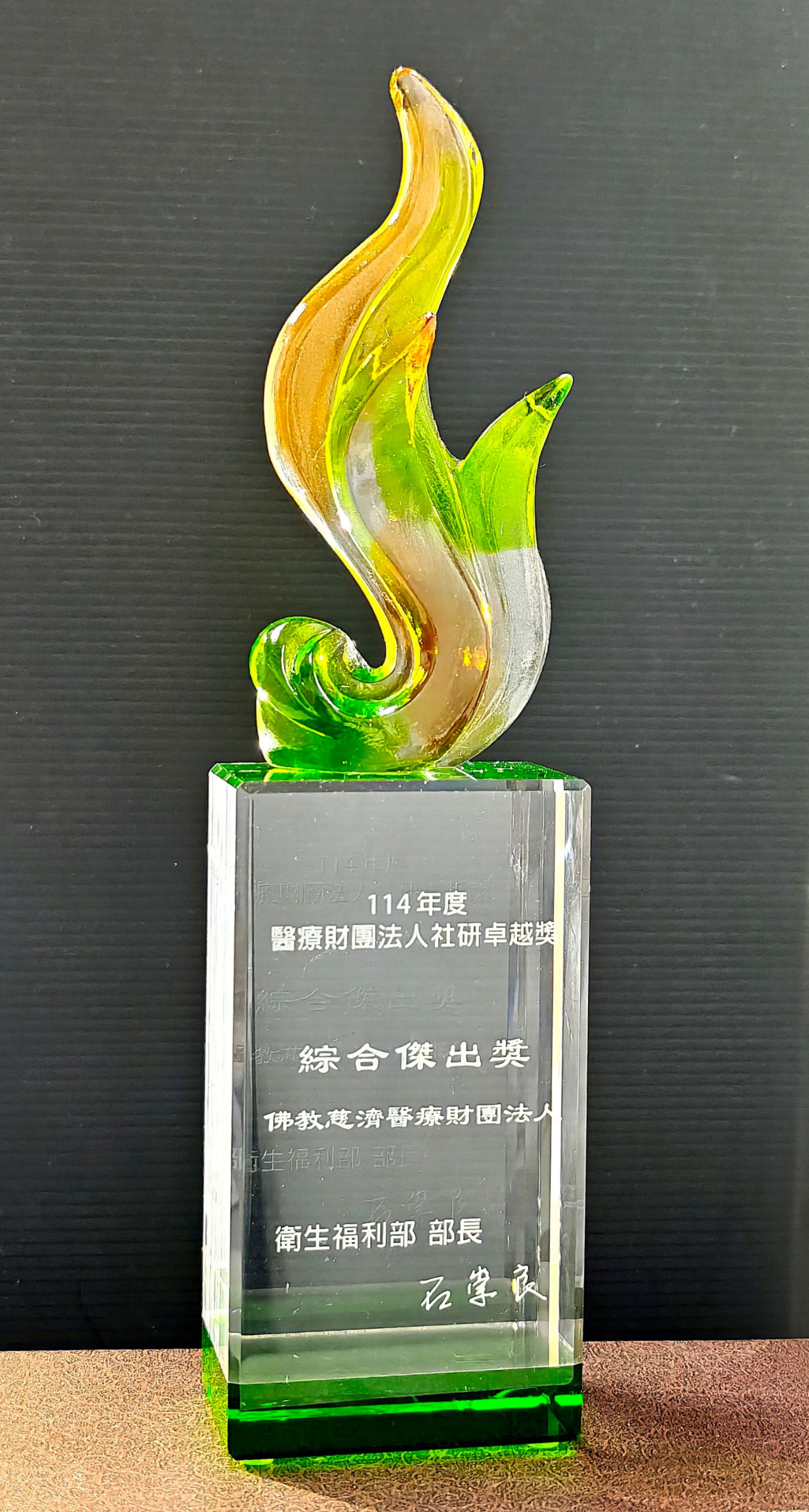 114年度「醫療財團法人社研卓越獎--綜合傑出獎」獎座。