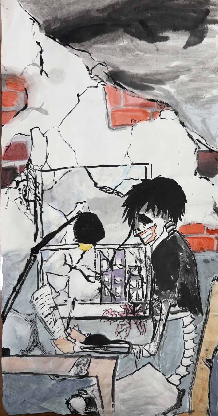 侯有元水墨作品，以黑與灰描繪破碎空間與人物緊張對峙，情緒張力十足