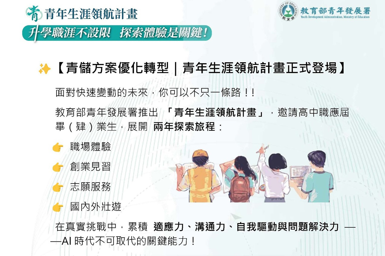 教育部推出「青年生涯領航計畫」助青年勇敢起步