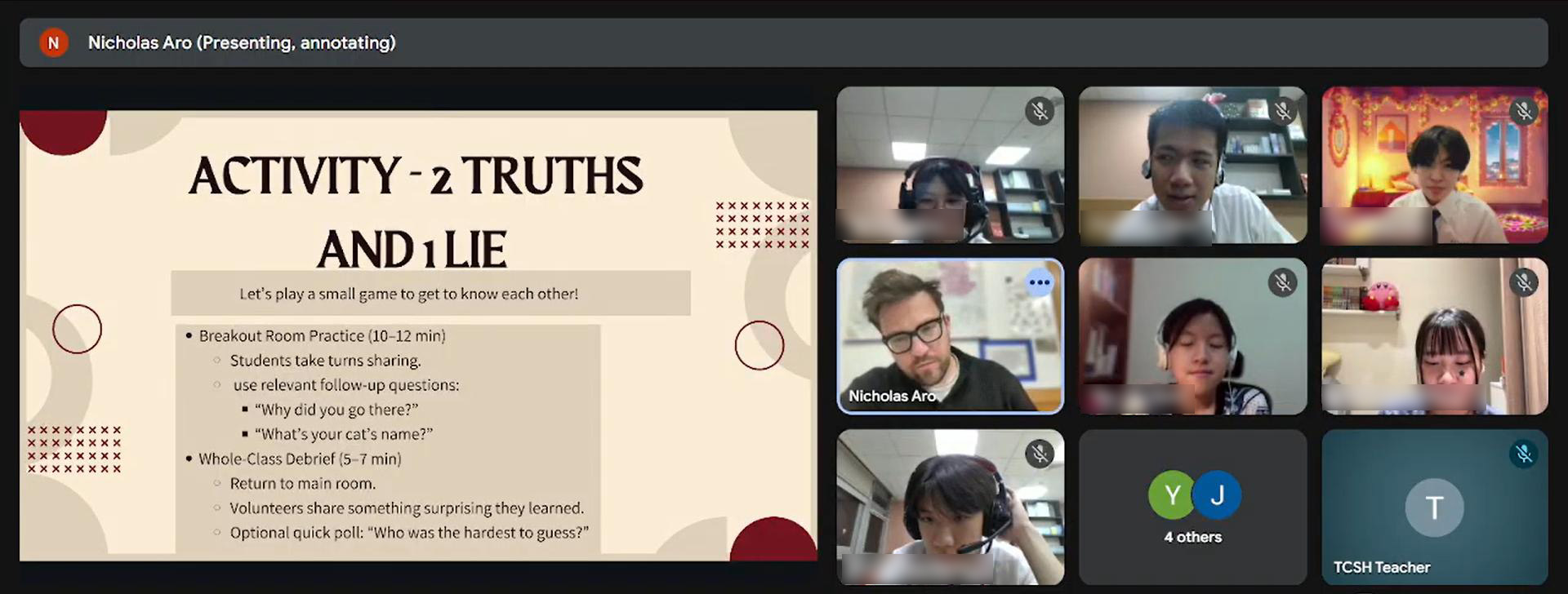 分組上課，透過英文破冰遊戲，認識彼此