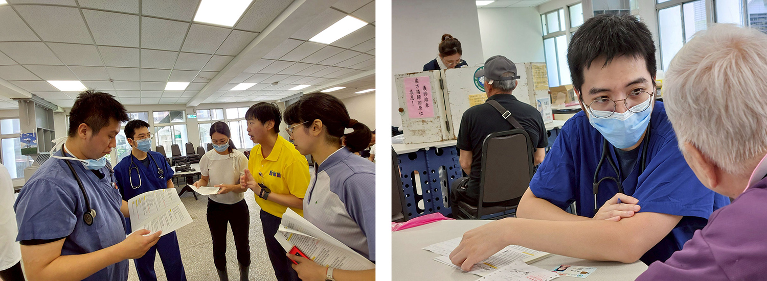 花蓮慈院醫療隊在開診前，由院長室醫務秘書吳雅汝及醫事室副主任張菁育與團隊進行共識。/花蓮慈院心臟內科醫師陳威佐為鄉親看診。