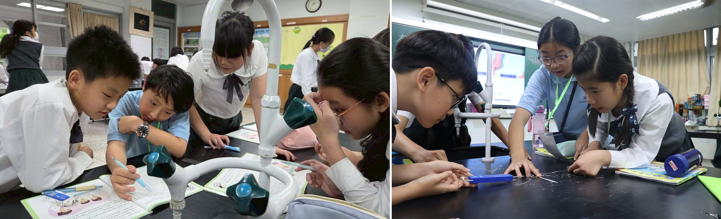 （圖左）分組合作互相學習，激盪與交流不同觀點與想法。（圖右）觀察記錄實驗歷程，享受探究的快樂。