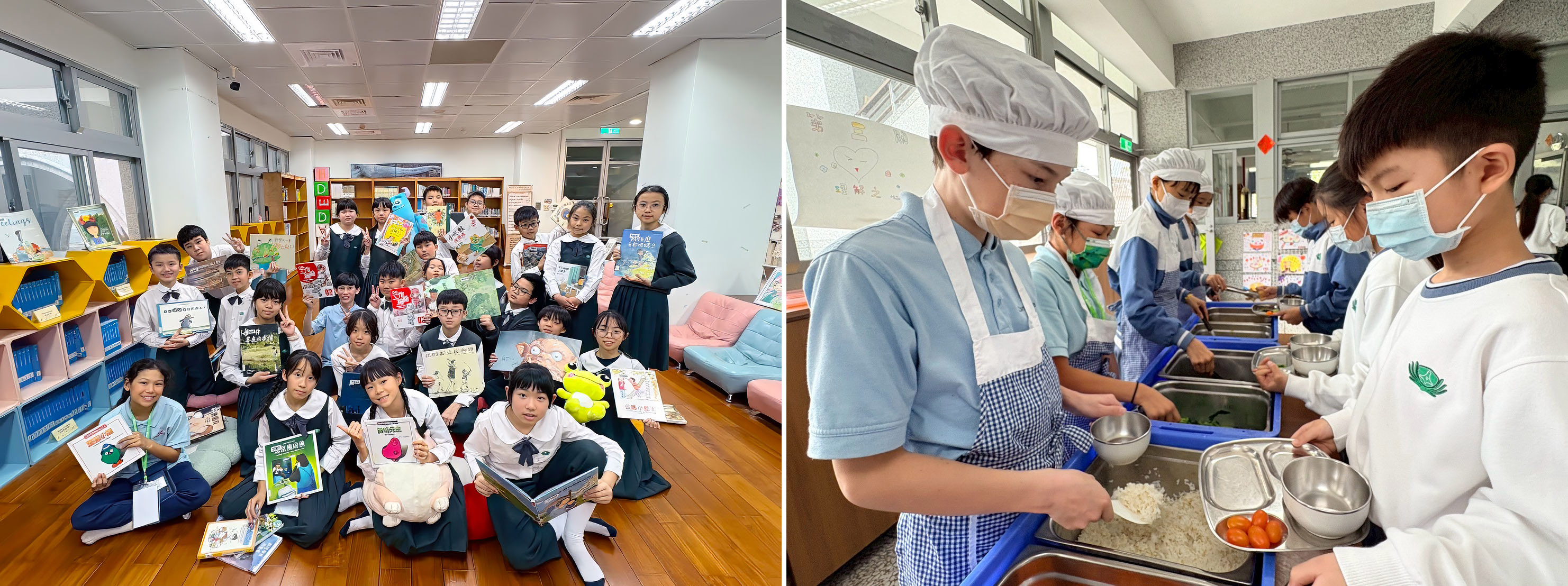 （圖左）認識圖書館，嘗試為繪本配音朗讀。（圖右）學習擔任打餐志工，為同學服務。