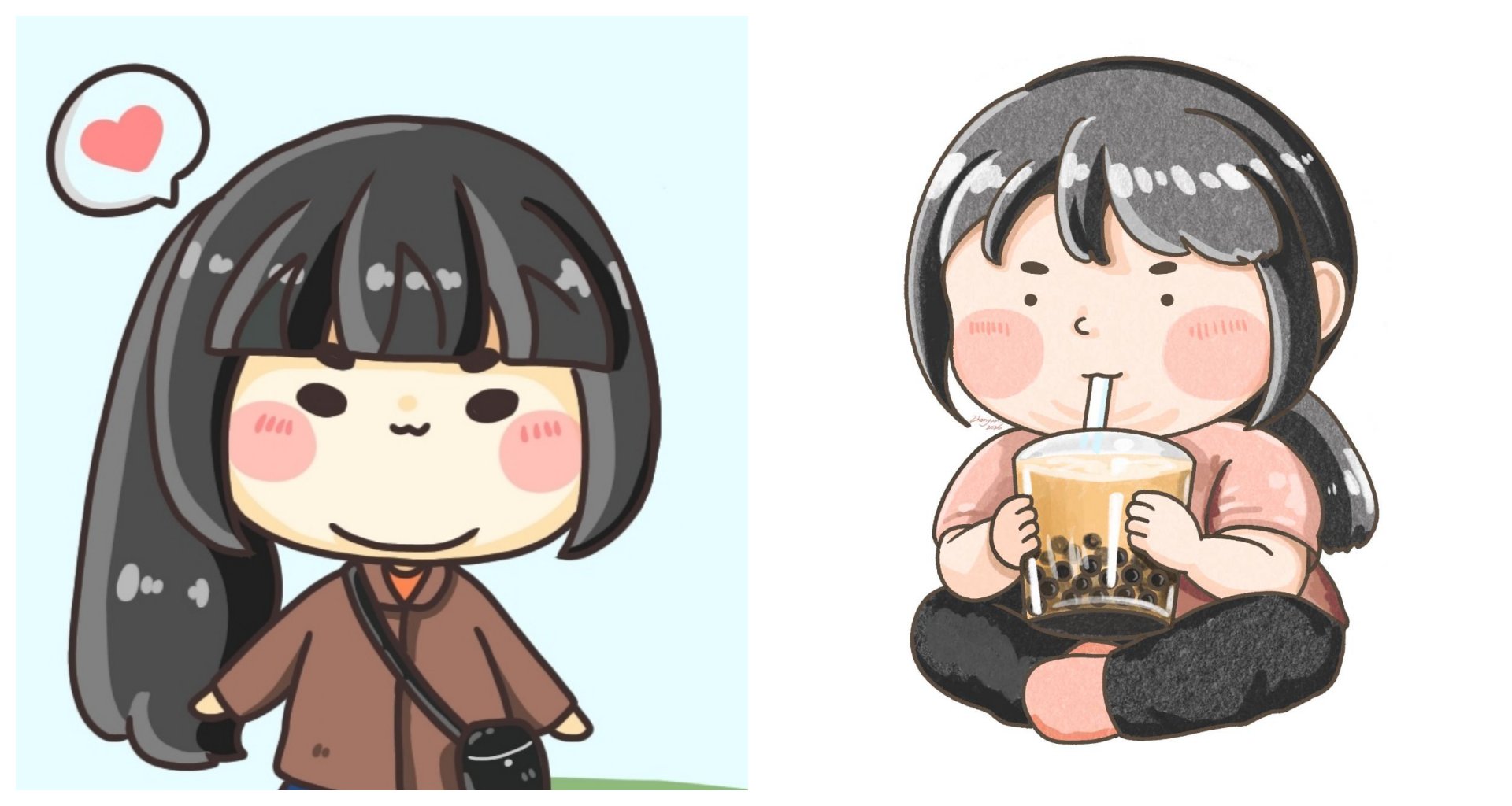 (左圖)小雲的繪本主角均以自身樣貌臨摹,她笑說人物身材也會隨時間「一起長胖」,充滿生活趣味。(右圖)對女兒的繪畫天賦感到驕傲的小雲媽媽,通訊軟體大頭貼索性讓小雲操刀,Q版人物形象獲得親友一致好評。