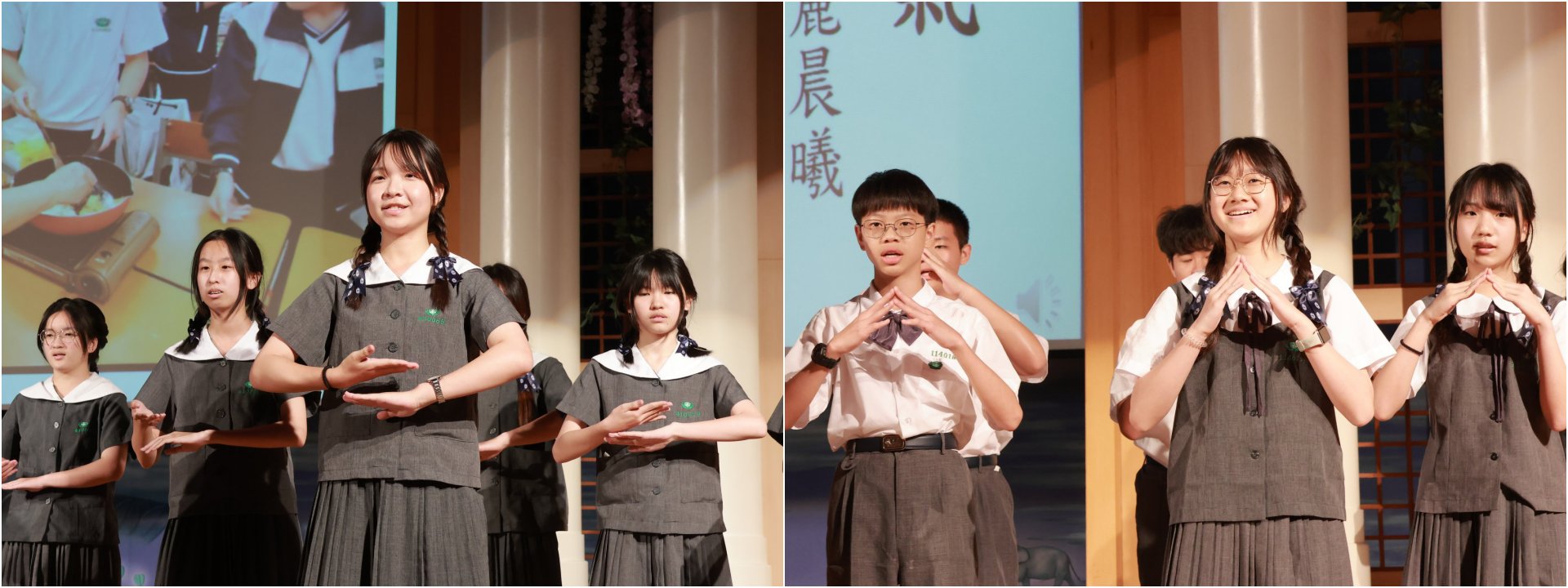 (左圖)親切的微笑和優雅的儀態，展現人文禮儀之美。(右圖)燦爛且自信的笑容，展現青春活力。