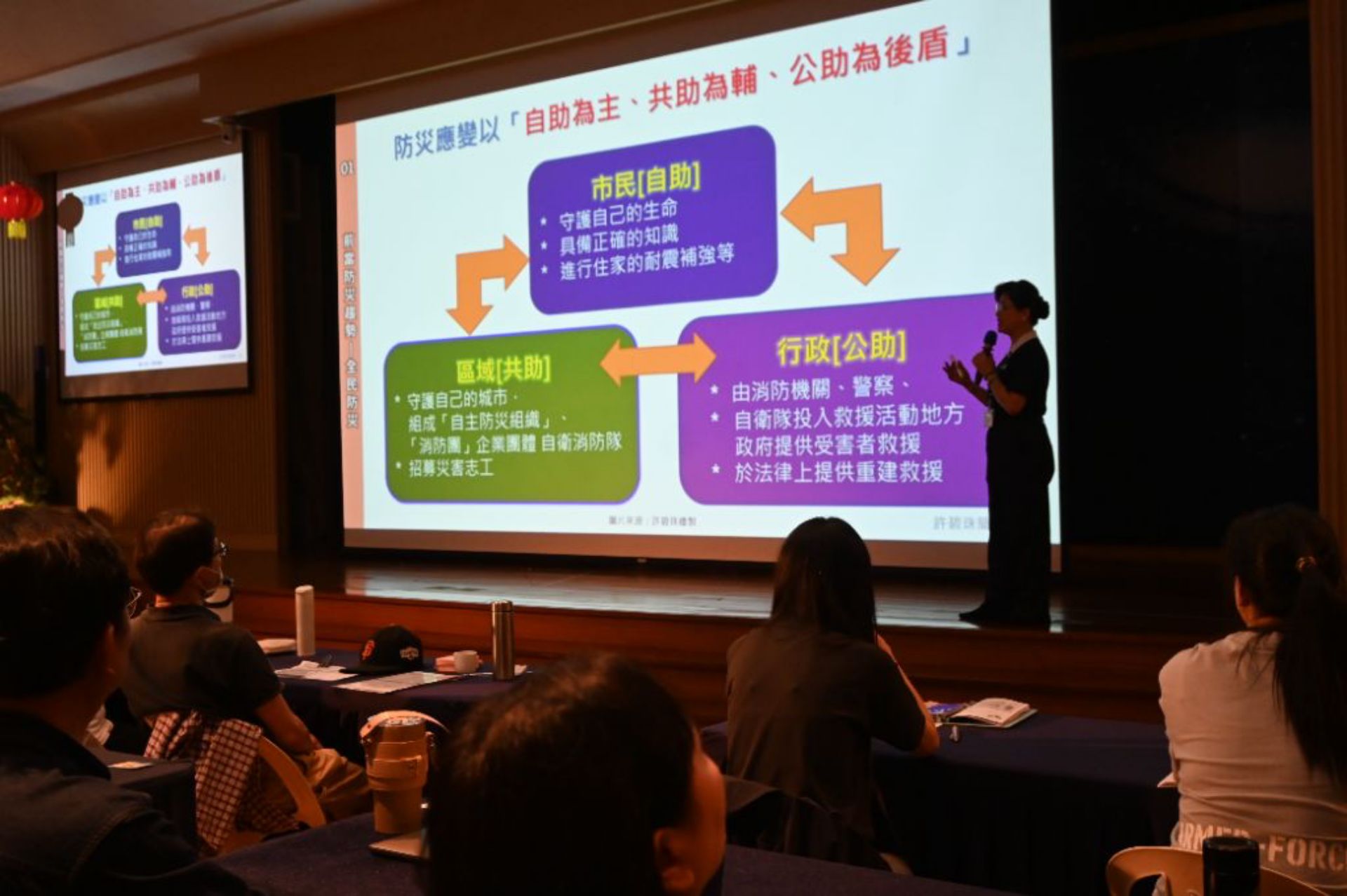 根據聯合國統計，臺灣已被列為全世界最容易遭受天然災害侵襲的國家。因此，當前的防災趨勢為全民防災。唯有透過自助、共助、公助的合作才能減輕災情。。