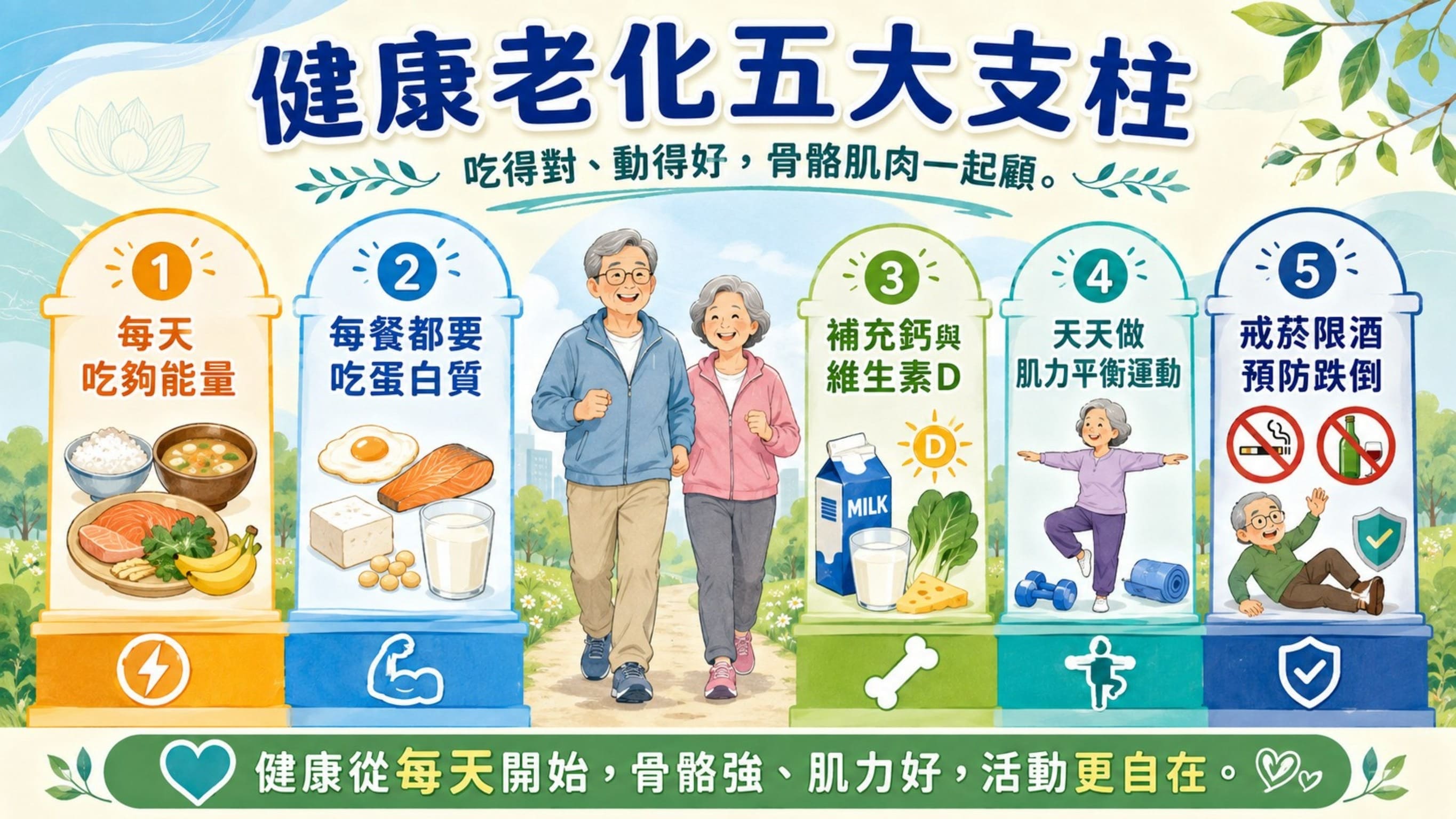 蔡森蔚主任建議長輩，守住健康老化的「五根柱子」，維持良好的「活動力」。