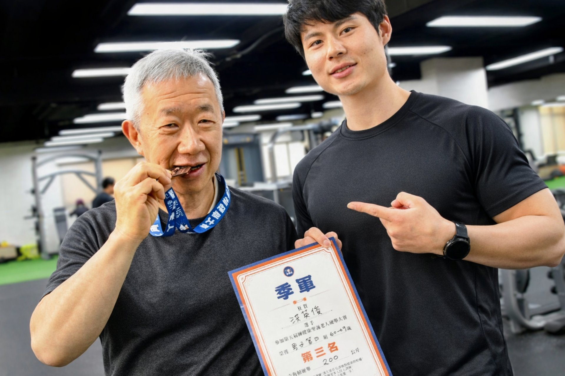 嘉義活齡運動中心學員洪英俊醫師高興地咬著銅牌與教練王皓譽合影