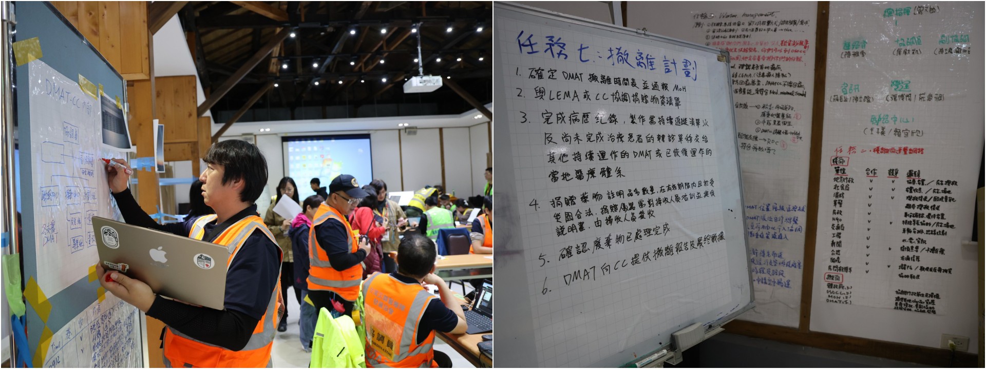 如實演練讓各救難隊員各就各位擔任DMAT-CC不同任務。密密麻麻的註記是協調運作中心在後勤時的任務，也是評核重點。