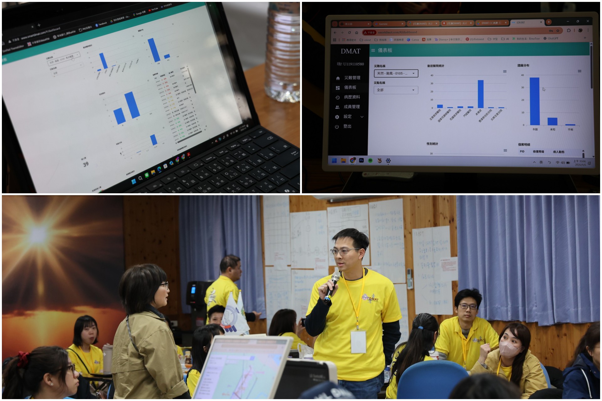 (上圖)災難醫療隊協調運作中心（DMAT-CC）由iDMAT系統接獲第一線訊息，即可馬上進行數據分析以了解災區狀況，甚至是否有流行病傳染都可以預測。(下圖)國家級災難醫療救護隊北區執行中心領隊林鍵皓醫師（中）在檢討會議上提供多項演練建議給主辦單位。