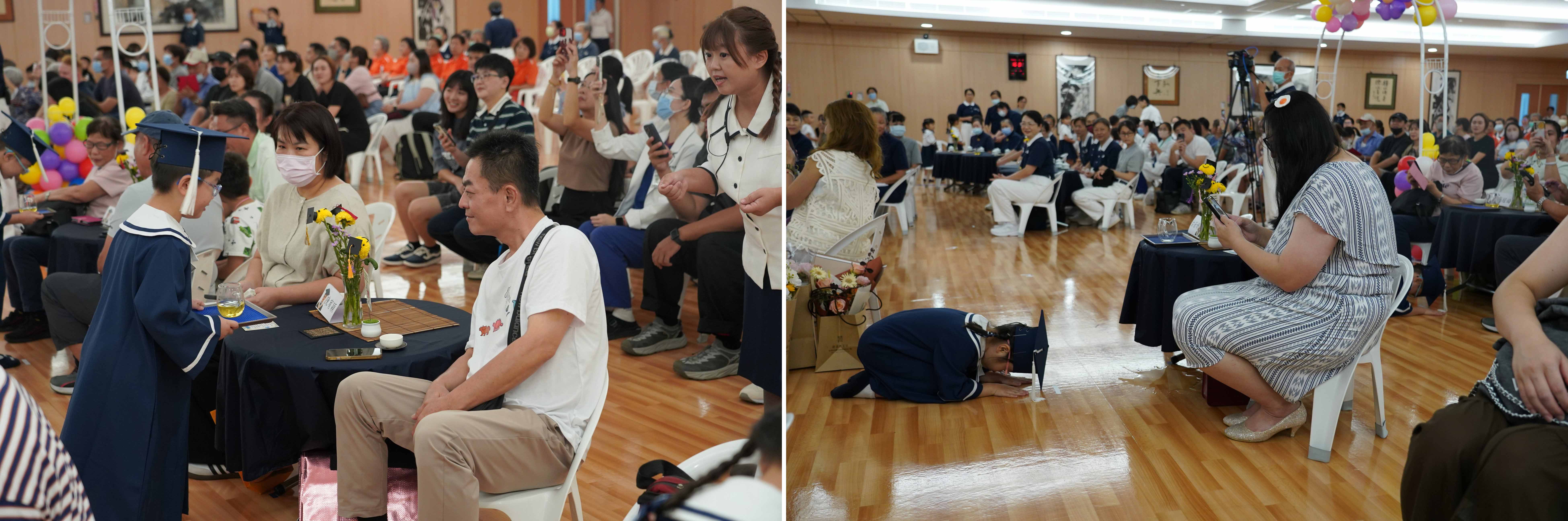 (圖左)畢業生向家長奉茶跪拜,感謝父母的養育之恩,溫馨舉動感動全場。(圖右)畢業生向家長奉茶跪拜,感謝父母的養育之恩,溫馨舉動感動全場。