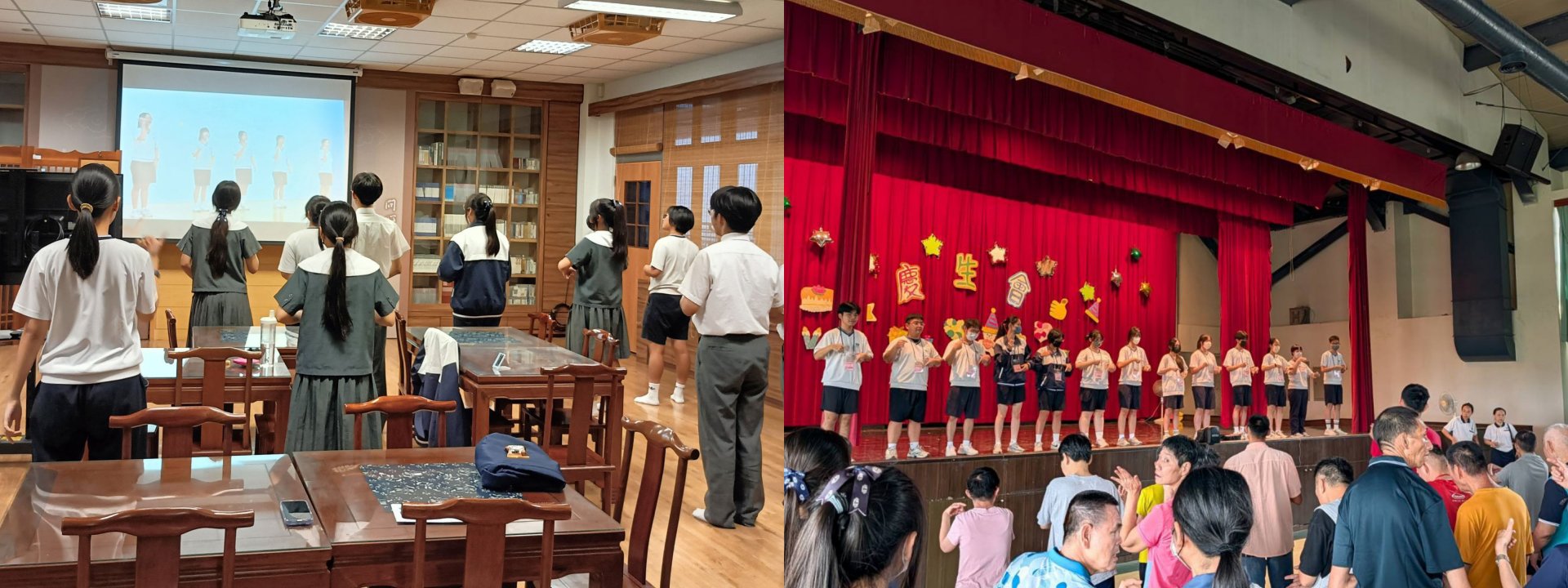 （左圖）隊輔學長、學姊早於活動當周，就利用中午的時間集合練習帶動跳曲目。（右圖）隊輔學長、學姊以輕快活潑的帶動跳曲目，帶動現場同學及院生動起來！