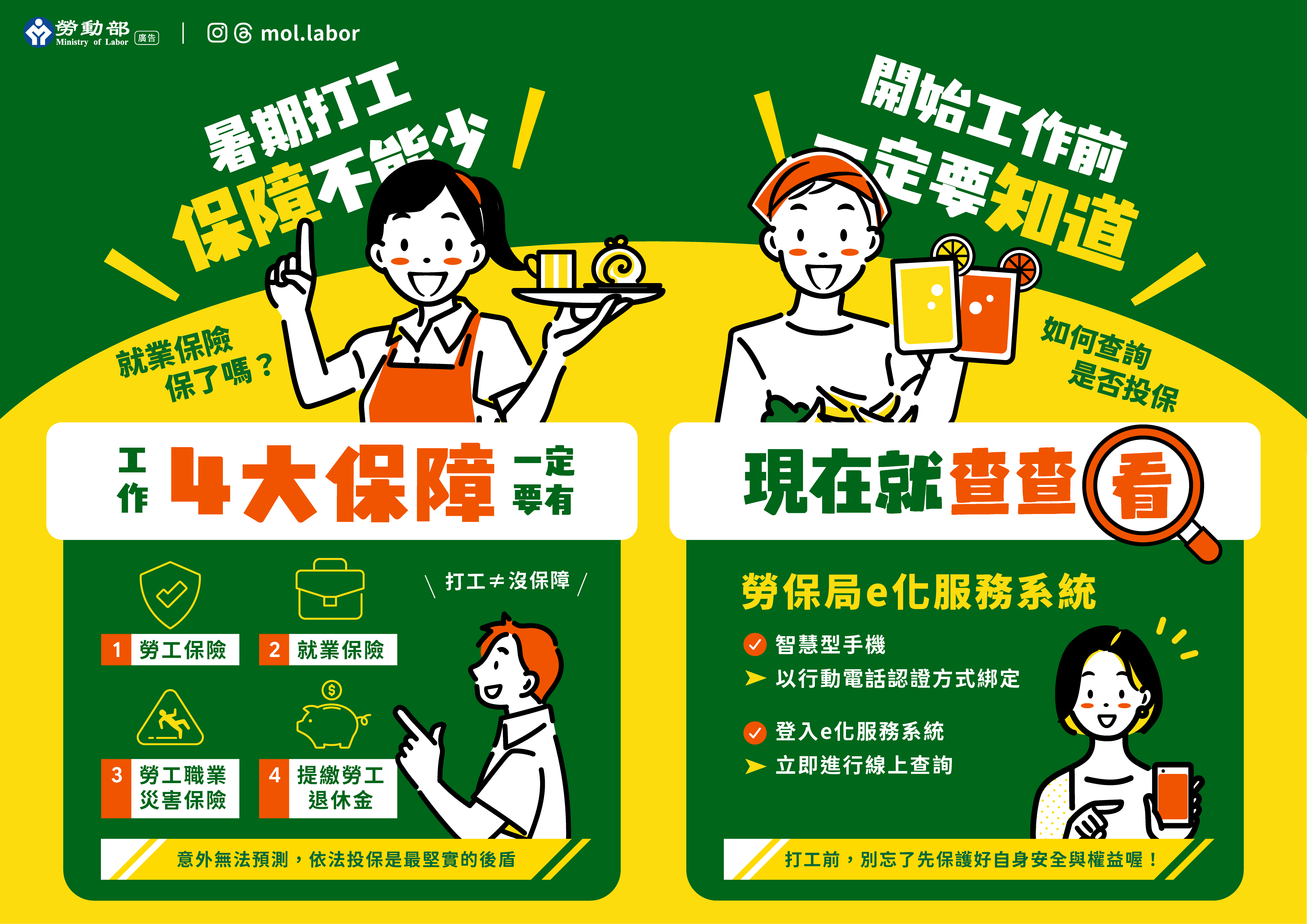 暑期打工 就業保險、勞工退休金權益有保障
