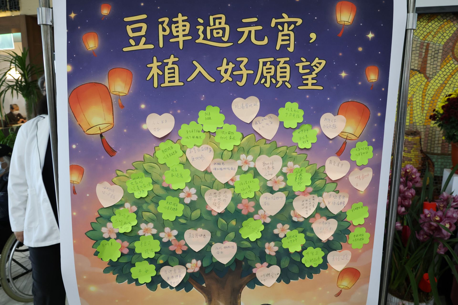 現場邀請民眾填寫問卷，並在許願牆貼上「支持茹素」的便利貼，大家參與踴躍，更有民眾表示：「以前覺得吃素很難，但今天聽了營養師分享，才知道吃豆子有益心臟，還能保護地球！」