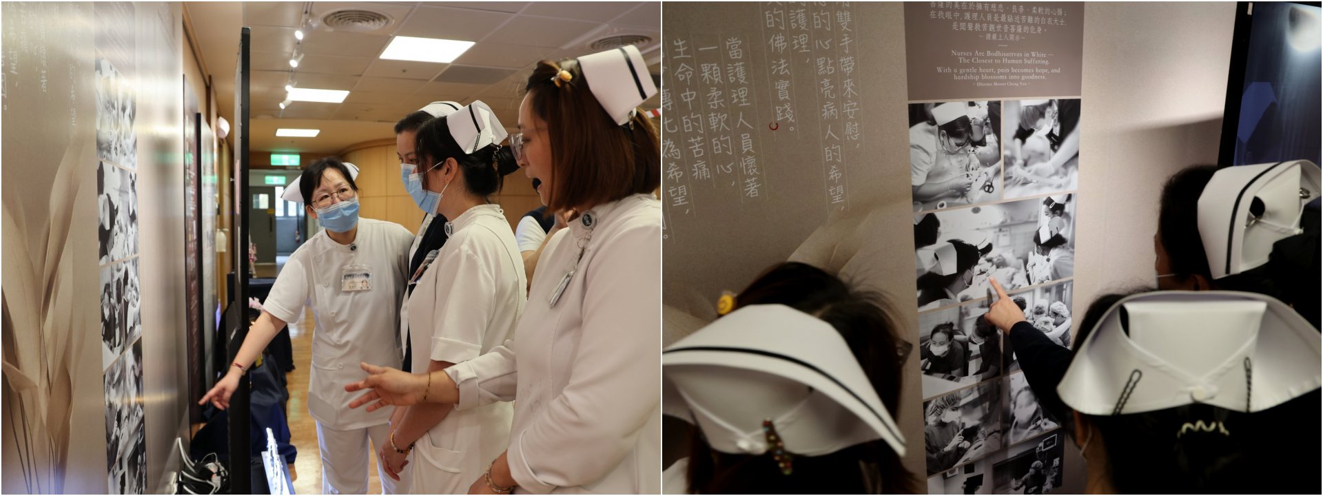 鍾惠君主任分享，其中一面牆透過一張張照片呈現護理人員用雙手照護病人、帶來安慰的過程，同時也象徵團隊彼此支持、互相給予力量。
