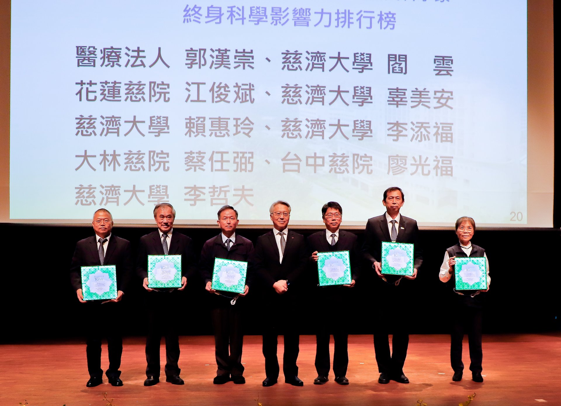 慈濟醫療志業「2024全球前2%終身科學影響力排行榜」獲獎者與頒獎人中研院廖俊智院長合影。