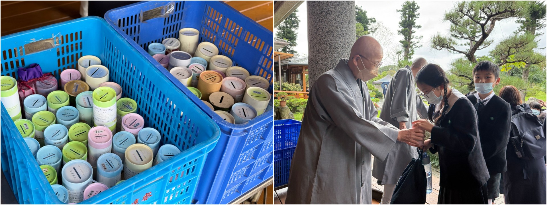 慈大附中國小部與幼兒園的學生八百三十人把握因緣，將平日存下善款的竹筒親自送回靜舍。