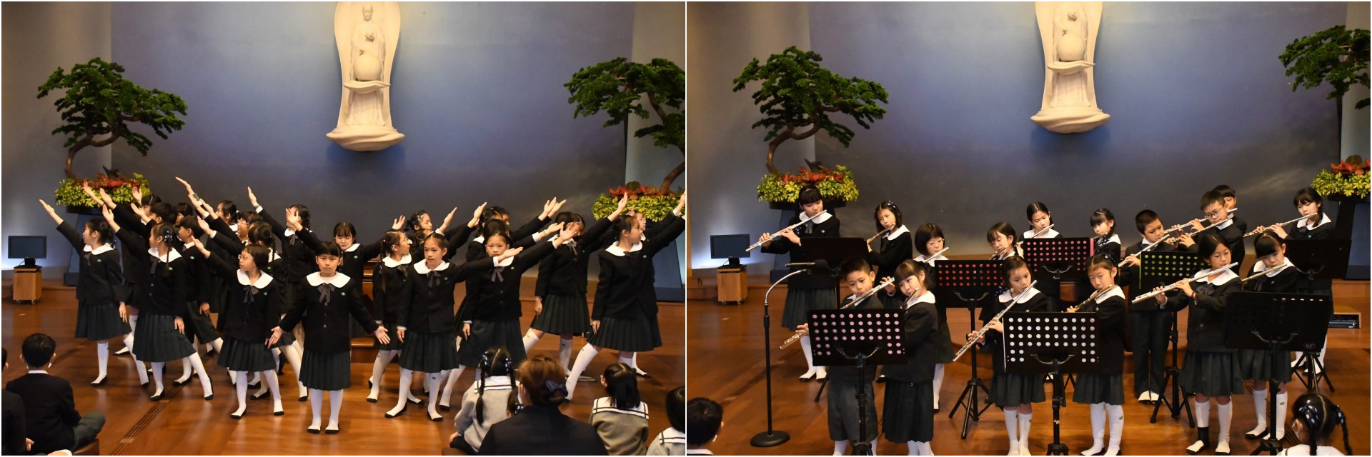 (左圖)國小三、四年級的同學帶來「萬里桂花香」感恩師公上人、靜舍師父及全球師姑師伯對我們的栽培。(右圖)國小管樂團帶來「讓愛傳出去」樂曲