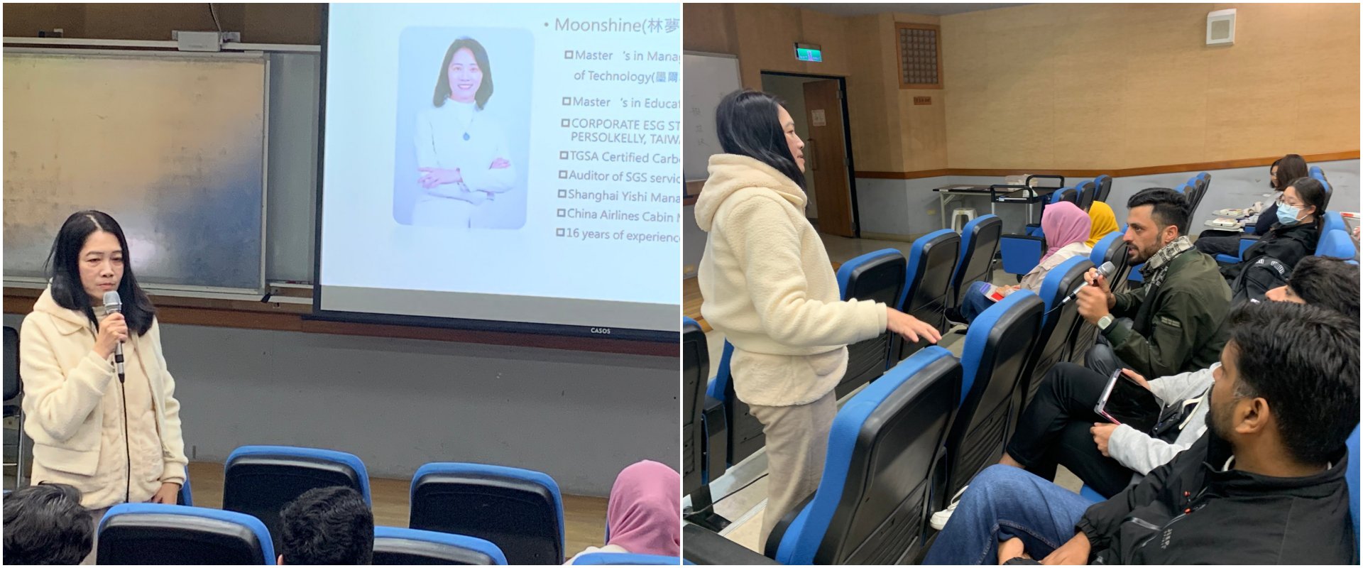 林夢珊老師「英文履歷撰寫與英語面試工作坊」。英文履歷講座林老師詢問外籍生自己的履歷特點與優勢為何？