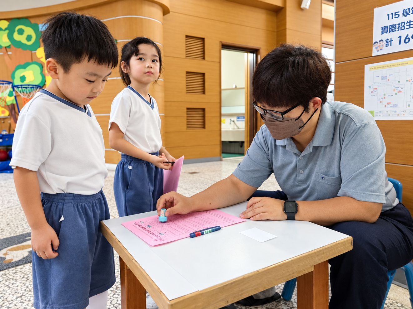 孩子們依循闖關卡自己安排動線進行生活教育闖關;志工媽媽也協助孩子認證核章。