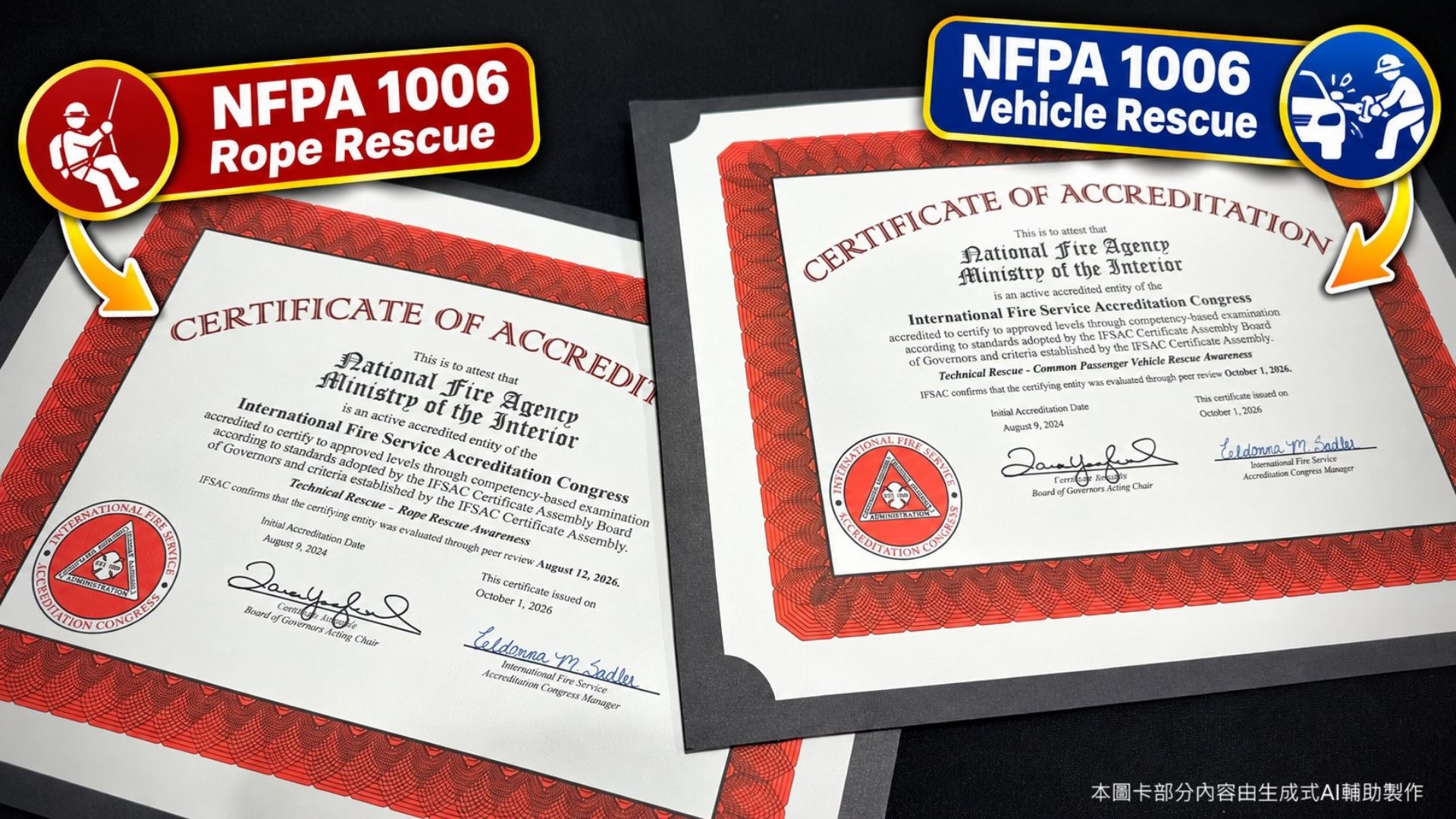 NFPA 1006 繩索救援及小客車救援通識級認證證書