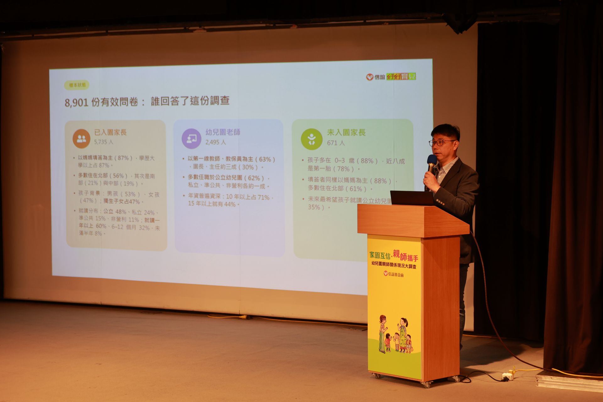 最新「幼兒園親師關係現況」調查發布，信誼基金會數位長陳信宏報告說明。