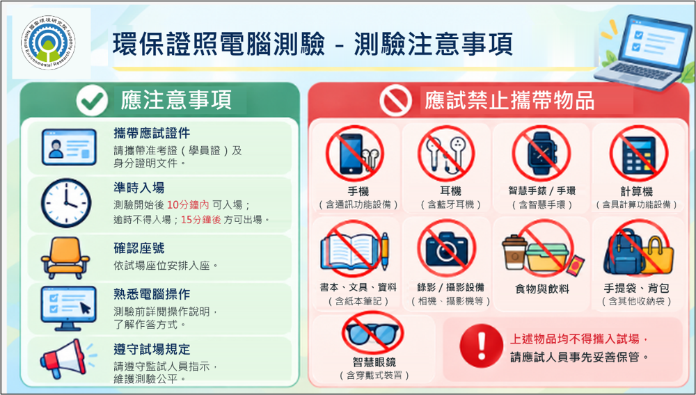 環保證照訓練電腦測驗注意事項。
