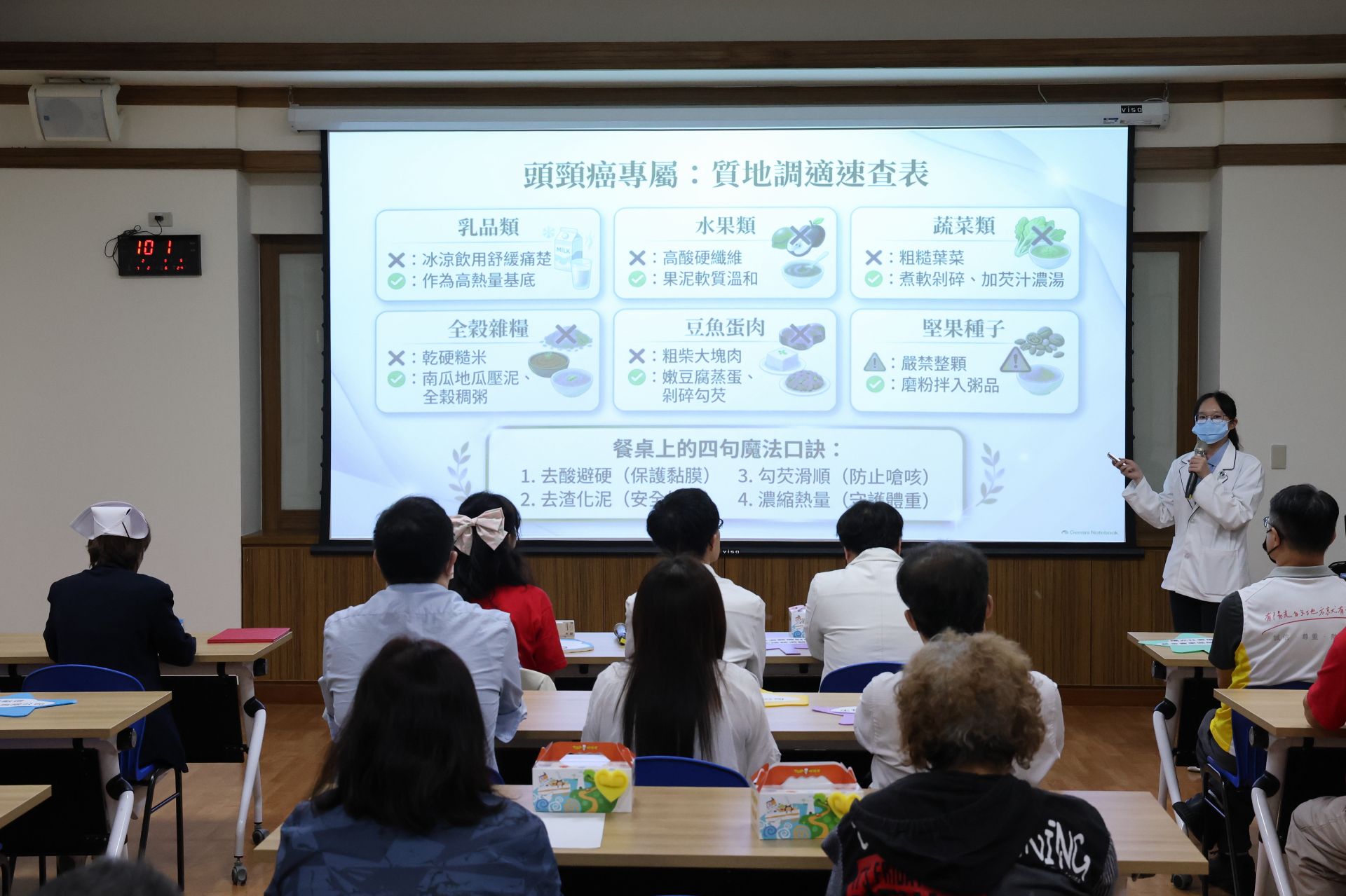 林佩萱營養師也特別設計頭頸癌專屬質地調適速查表，及餐桌上的四句魔法口訣，幫助病友及家屬記憶。