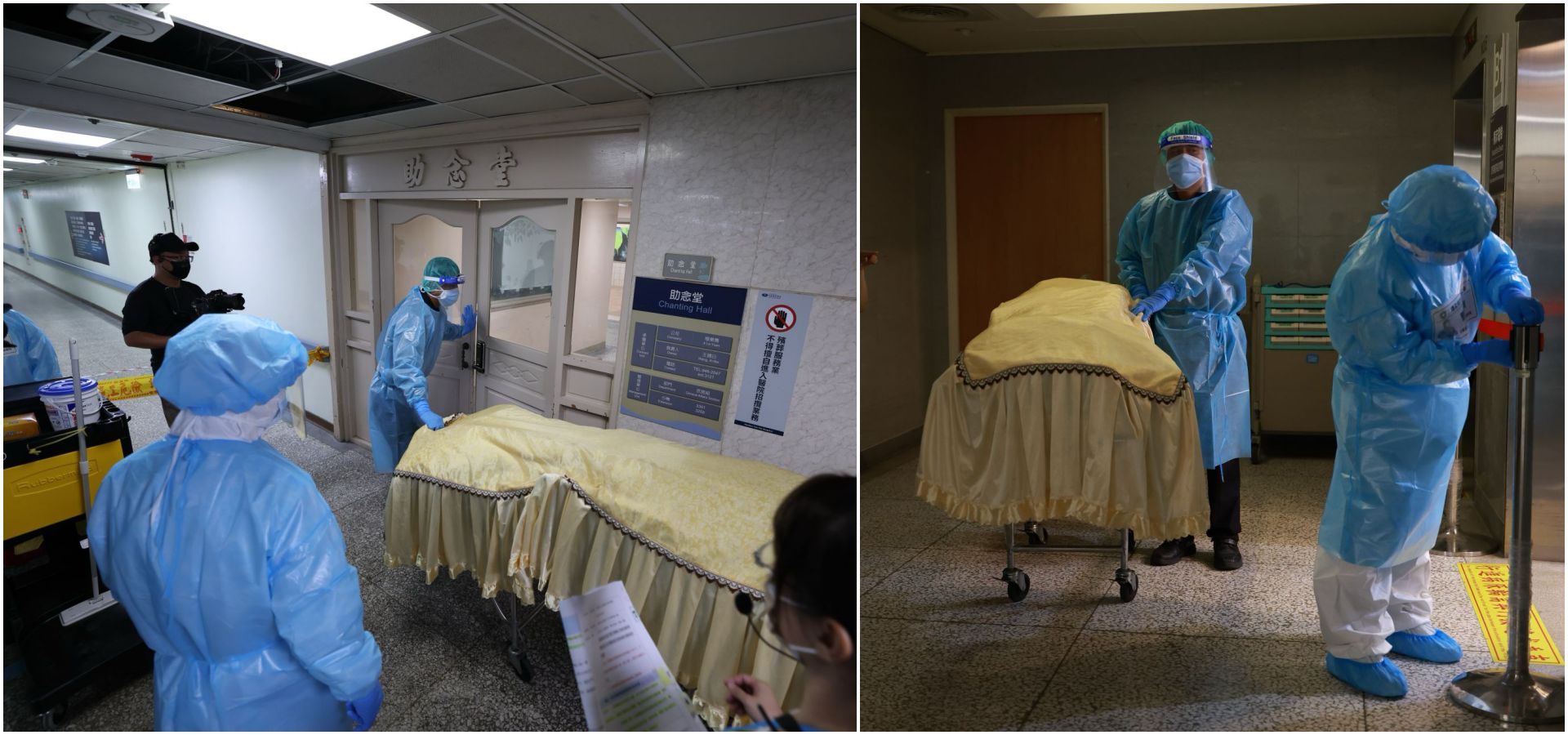 助念堂人員、警衛著P2防護衣將遺體沿管制通路、電梯前往助念堂。